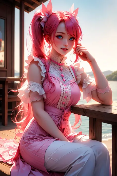 a close up of a woman in a pink dress sitting on a bench