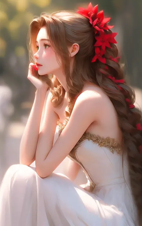 a close up of a woman with long hair sitting on a bench