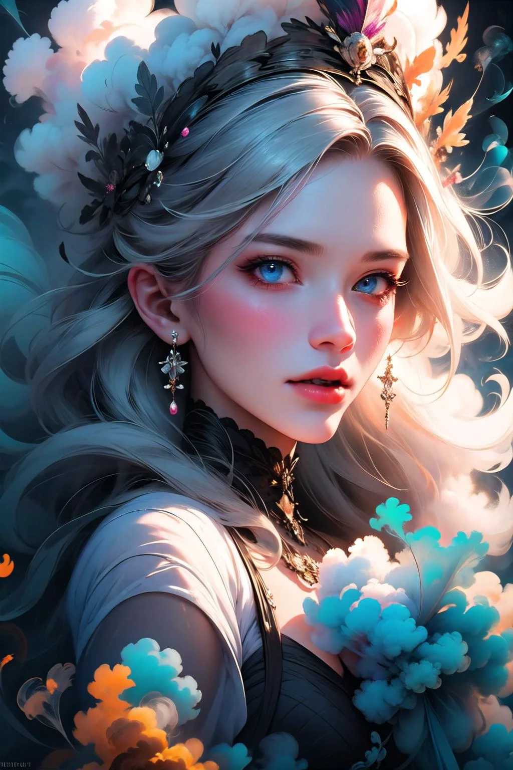 Retrato hiperrealista de una mujer misteriosa con cabello plateado suelto, ojos azules penetrantes, y una delicada corona floral, vistoso_vapores, fumar,