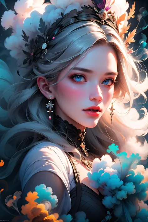 hyper-realistic portrait of a mysterious woman with flowing silver hair, piercing blue eyes, and a delicate floral crown, <lora:...