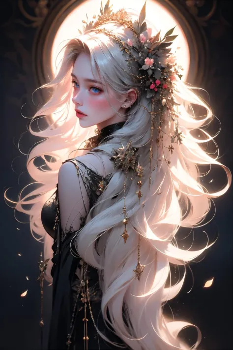 hyper-realistic portrait of a mysterious woman with flowing silver hair, piercing blue eyes, and a delicate floral crown, (full ...