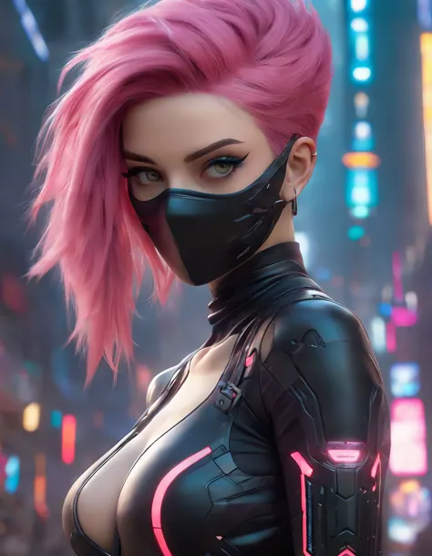 a woman with pink hair and a black mask is posing, beautiful cyberpunk girl face, marc brunet, realistic anime 3 d style, cyberp...
