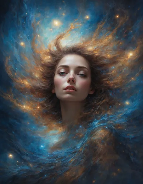 Esta es una foto profesional, obra maestra, (retrato épico:0.85) Una mujer joven, pelo que fluye, Noche, cosmos, cielo, Súper detallado, ultra photorealistic, Detalle intrincado, oscuridad, Hiper maximalista, elegant, pose dinámica, fotografía, iluminación de acento, (by Don Bluth Estilo and by Tomasz Alen Kopera) Estilo (Carne Griffiths:0.6)