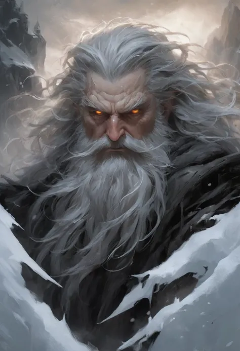 an award-winning digital art piece featuring a menacing and powerful wizard. This bearded figure, with long hair and stark white...