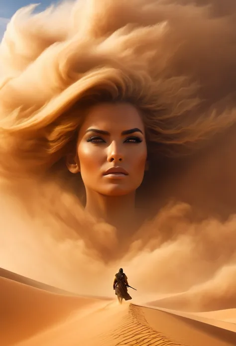 the sandstorm has a human face.. his hair flows smoothly into the clouds of the sandstorm. cinematic, mysterious, hot. Cinematic