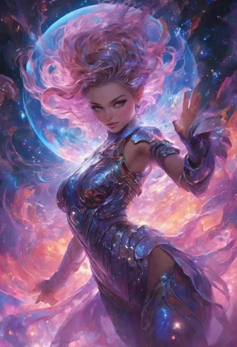 Renowned digital fantasy artist creates an otherworldly spectacle, featuring a powerful female character in intricate futuristic armor, radiating an intense energy sphere. The backdrop, a cosmic canvas of vibrant blues, pinks, and purples, dotted with stars and swirling colors, enhances the mystical ambiance. Influenced by sci-fi and fantasy literature, Japanese animation, the image resonates with an ethereal glow, underlining the potent energy sources lighting up the scene. The artwork, celebrated on platforms like ArtStation, DeviantArt, ConceptArtWorld, and publications like ImagineFX, 3D Artist, CG Society, is a focal point in galleries like Gallery Nucleus and Fantasy Flight Games Center for Myth and Moor Adventures.