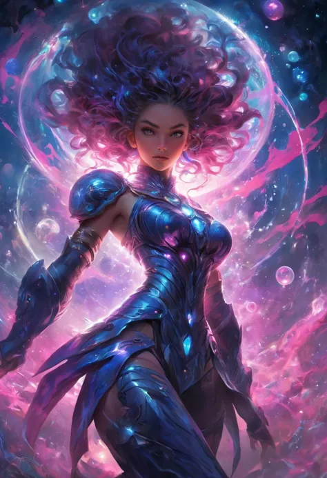 Renowned digital fantasy artist creates an otherworldly spectacle, featuring a powerful female character in intricate futuristic armor, radiating an intense energy sphere. The backdrop, a cosmic canvas of vibrant blues, pinks, and purples, dotted with stars and swirling colors, enhances the mystical ambiance. Influenced by sci-fi and fantasy literature, Japanese animation, the image resonates with an ethereal glow, underlining the potent energy sources lighting up the scene. The artwork, celebrated on platforms like ArtStation, DeviantArt, ConceptArtWorld, and publications like ImagineFX, 3D Artist, CG Society, is a focal point in galleries like Gallery Nucleus and Fantasy Flight Games Center for Myth and Moor Adventures.