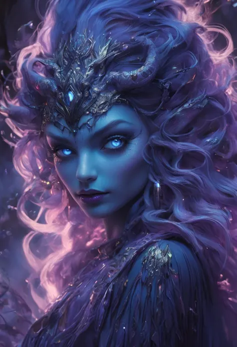 An award-winning  DarkFantasy digital art piece, bathed in hues of mystical purple and blue, entitled "Enchantress of the Surrea...