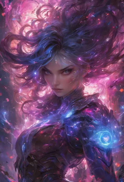 Reconocido artista de fantasía digital crea un espectáculo de otro mundo, con un poderoso personaje femenino con una intrincada armadura futurista, irradiando una intensa esfera de energía. El telón de fondo, un lienzo cósmico de azules vibrantes, rosas, y morados, salpicado de estrellas y colores arremolinados, realza el ambiente místico. Influenciado por la literatura de ciencia ficción y fantasía., animación japonesa, la imagen resuena con un brillo etéreo, subrayando las potentes fuentes de energía que iluminan la escena. La obra de arte, celebrado en plataformas como ArtStation, deviantart, ConceptArtWorld, y publicaciones como ImagineFX, Artista 3D, Sociedad CG, es un punto focal en galerías como Gallery Nucleus y Fantasy Flight Games Center for Myth and Moor Adventures.  (hermosos ojos detallados), (hermosos labios, labios llenos), Hermosa piel detallada, lápiz labial ciruela intenso