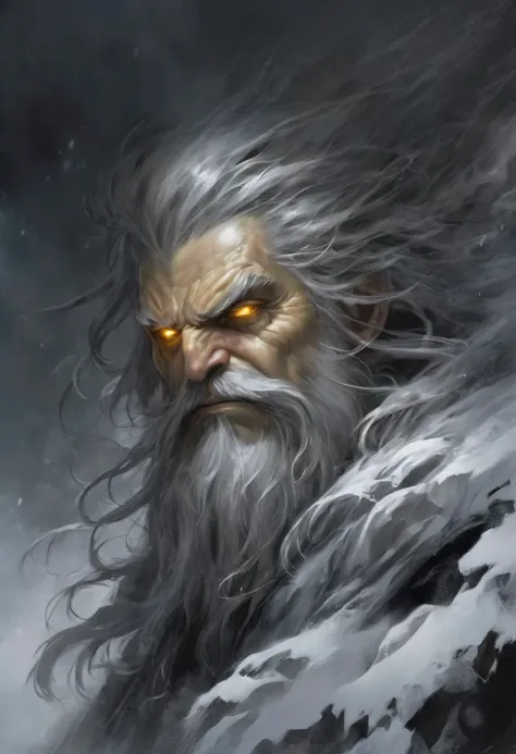 an award-winning digital art piece featuring a menacing and powerful wizard. This bearded figure, with long hair and stark white...