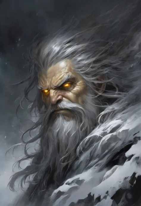 an award-winning digital art piece featuring a menacing and powerful wizard. This bearded figure, with long hair and stark white facial hair, is highlighted by a dim backlight creating a stark contrast against a dark, foggy atmosphere. His (beautiful detailed eyes, yellow eyes:1.6) pierce through the ominous scene set on a snowy mountain top. Rendered in a realistic fantasy style with a monochromatic palette of blacks, grays, and whites. This work would stand out in Fantasy Art Online Galleries, Dark Fantasy magazines, and captivate at the Spectrum Fantastic Art Awards or World Science Fiction Convention Awards. Featured in Fantasy Magazine and ImagineFX.