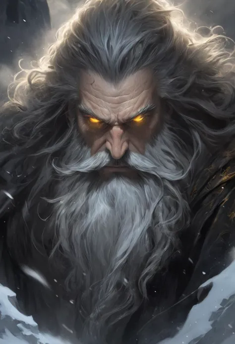 an award-winning digital art piece featuring a menacing and powerful wizard. This bearded figure, with long hair and stark white facial hair, is highlighted by a dim backlight creating a stark contrast against a dark, foggy atmosphere. His (beautiful detailed eyes, yellow eyes:1.6) pierce through the ominous scene set on a snowy mountain top. Rendered in a realistic fantasy style with a monochromatic palette of blacks, grays, and whites. This work would stand out in Fantasy Art Online Galleries, Dark Fantasy magazines, and captivate at the Spectrum Fantastic Art Awards or World Science Fiction Convention Awards. Featured in Fantasy Magazine and ImagineFX.