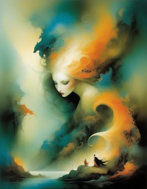 Witness a vibrant, surreal landscape in the enchanting style of Anne Bachelier as an otherworldly monster intrudes upon our world with swirling hues and vivid tones, unleashing chaos amidst a kaleidoscopic backdrop of radiant colors, showcasing her distinctive brushwork.