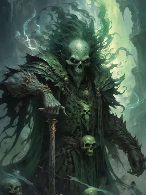 arte de dragones y mazmorras, Arte De Fantasía, ilustración de fantasía, Poderoso lich aterrador, undead archmage, calavera verde, sosteniendo el bastón de poder, de fumar, aura de nigromancia, flotando, anatomía perfecta, acercándose a la perfección, dinámica, muy detallado, Liso, enfoque nítido, arte de Carne Griffiths y Wadim Kashin, tendencia en artstation, enfoque nítido, detalles intrincados, muy detallado, por Greg Rutkowski, misterioso, épico, cinematográfico, arte digital, 4k, 