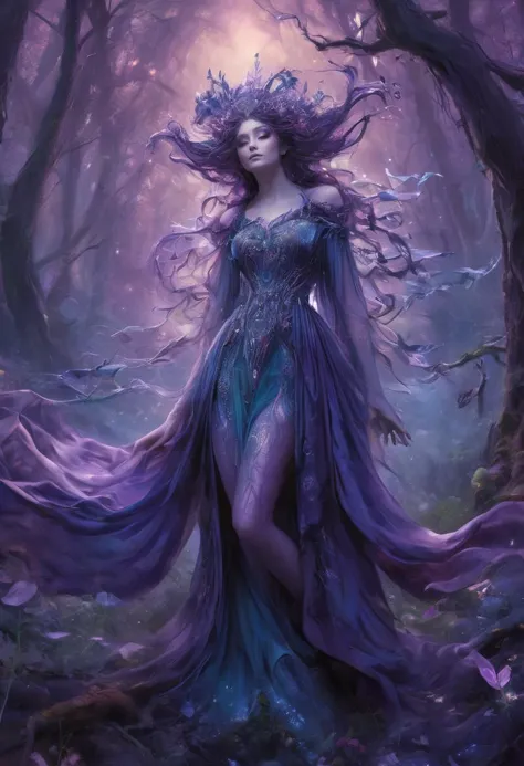 a woman in a purple dress is walking through a forest