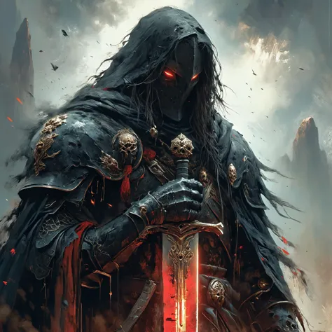 A stunning, highly detailed dark fantasy full body illustration of a proud demonic warrior wearing intricate medieval black HKStyle armor and an epic black ornamented mask, holding a great crimson glowing sword, epic composition. The warrior stands heroic with a flowing cloak during a storm with foggy gloom, thunderclouds in the background . The scene depicts him with brooding emotional agony , style by Greg Rutkowski, by Milo Manara and Russ Mills, with insanely intricate details and textures, gloomy dramatic lighting, 8K resolution. <lora:add-detail-xl:1> <lora:HKStyle:1> SK_Fantasy