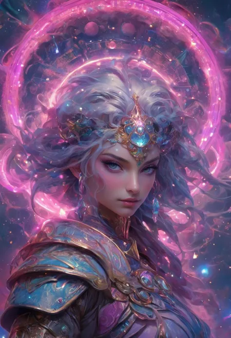 Renowned digital fantasy artist creates an otherworldly spectacle, featuring a powerful female character in intricate futuristic armor, radiating an intense energy sphere. The backdrop, a cosmic canvas of vibrant blues, pinks, and purples, dotted with stars and swirling colors, enhances the mystical ambiance. Influenced by sci-fi and fantasy literature, Japanese animation, the image resonates with an ethereal glow, underlining the potent energy sources lighting up the scene. The artwork, celebrated on platforms like ArtStation, DeviantArt, ConceptArtWorld, and publications like ImagineFX, 3D Artist, CG Society, is a focal point in galleries like Gallery Nucleus and Fantasy Flight Games Center for Myth and Moor Adventures.