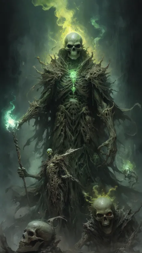 dungeons and dragons art, fantasy art, fantasy illustration, Powerful scary lich, undead archmage, green skull, holding staff of...