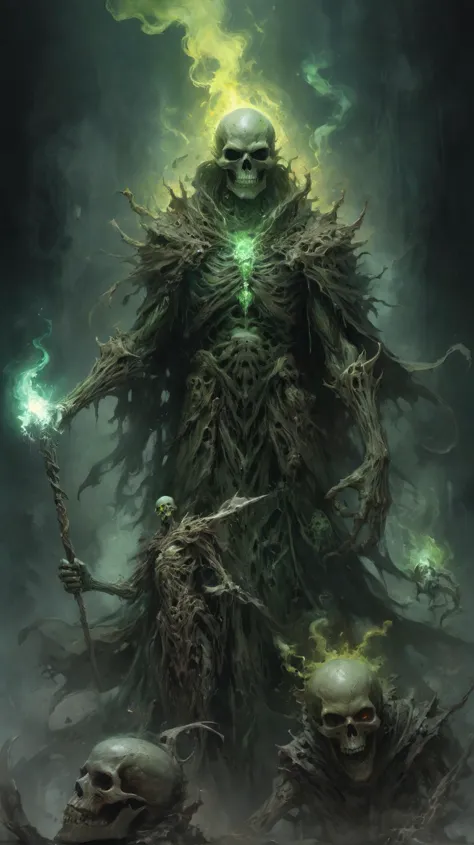 arte de dragones y mazmorras, Arte De Fantasía, ilustración de fantasía, Poderoso lich aterrador, undead archmage, calavera verde, sosteniendo el bastón de poder, de fumar, aura de nigromancia, flotando, anatomía perfecta, acercándose a la perfección, dinámica, muy detallado, Liso, enfoque nítido, arte de Carne Griffiths y Wadim Kashin, tendencia en artstation, enfoque nítido, detalles intrincados, muy detallado, por Greg Rutkowski, misterioso, épico, cinematográfico, arte digital, 4k, 