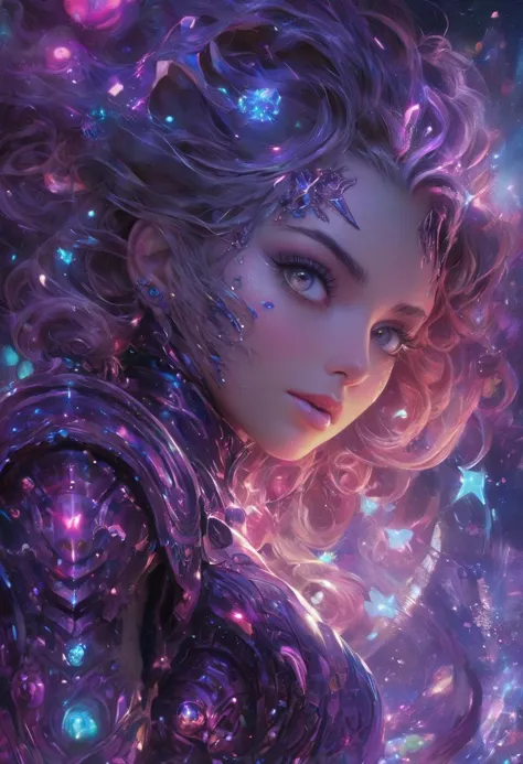 a woman with purple hair and a purple dress is surrounded by stars