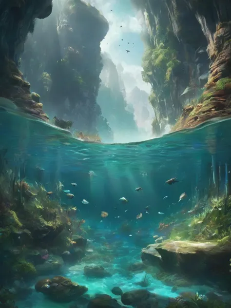 Split-view digital artwork of a rocky mountain lake in fantasy style. The top half depicts an Earth-like lush forest on the shore under a blue, cloudy sky. The bottom half unveils an underwater scene with strange alien life forms hiding among the rocks, alongside unfamiliar aquatic plants and fish. The scene features green, blue, and brown tones, with sunlight streaming from the upper right corner and eerie alien glowing lights beneath the water.