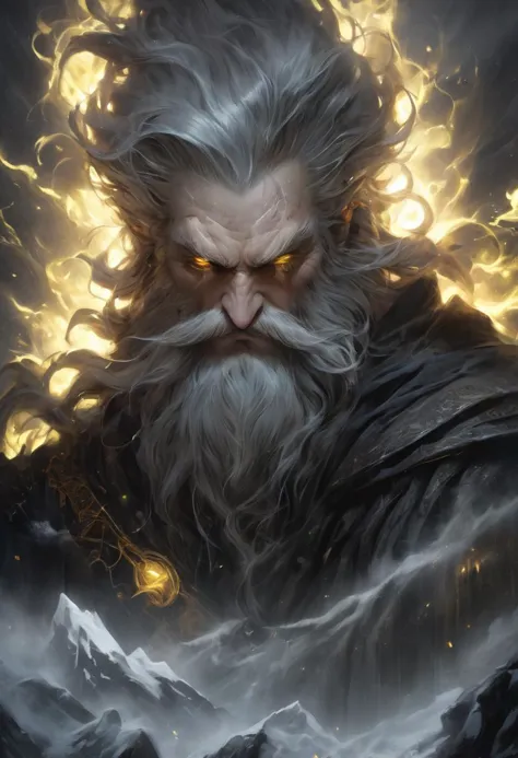 an award-winning digital art piece featuring a menacing and powerful wizard. This bearded figure, with long hair and stark white...