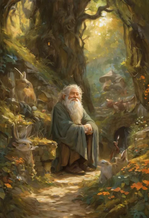 a painting of a man sitting in a forest with a dog