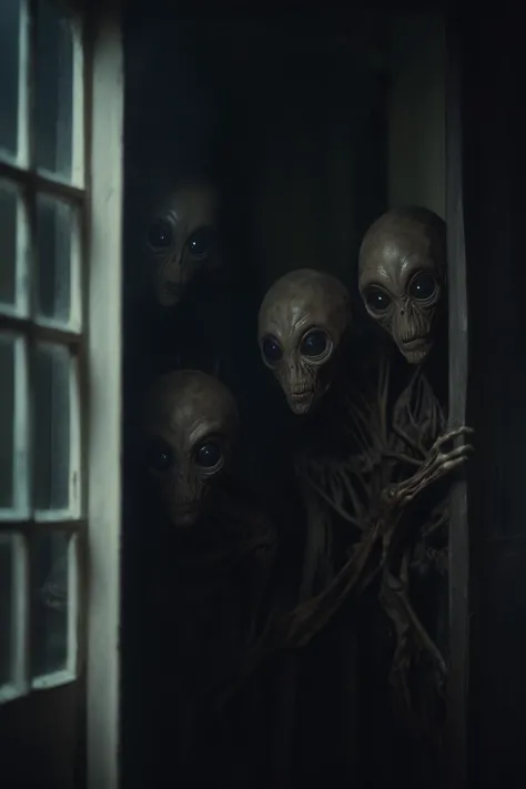 aliens are peeking out of a window in a dark room