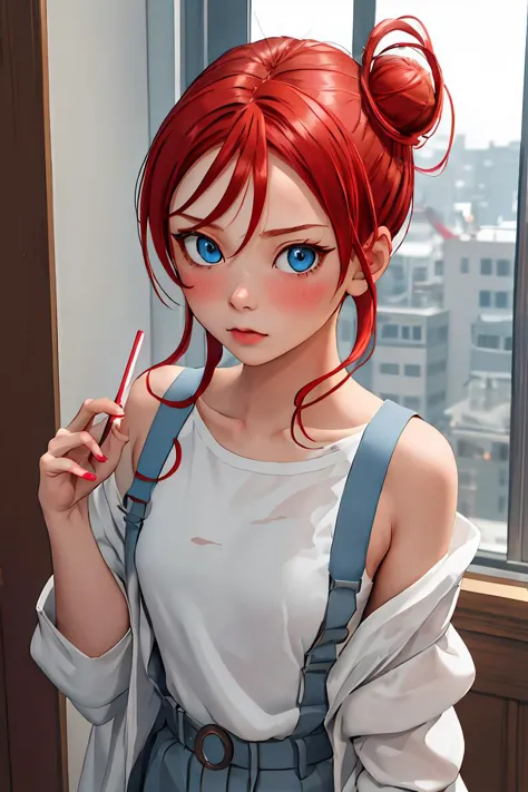 anime girl with red hair and blue eyes holding a red pencil