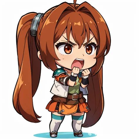 masterpiece, best quality, <lora:DarkCabalChibiStyle:1>  chibi, white background, simple background  <lora:estelle-nvwls-v2-final:1> scEstelle, cropped jacket, green shoulder pad, tan shirt, orange skirt, belt, white thighhighs, brown gloves, standing, (angry:1), furrowed brow, screaming, whole body, fists