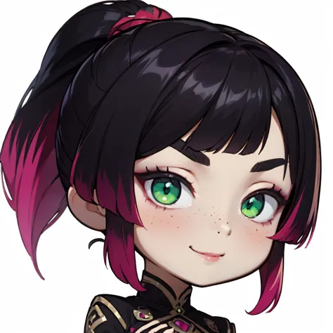 highres, masterpiece, perfect lighting, bloom, cinematic lighting, adult, female, looking at viewer, white background, simple background, (RSEEmma:1.5), <lora:RSERomantic_RSESofiko_RSEEmma-v1:0.3>, chibi, side-swept bangs, black hair, pink IncursioDipDyedHair, messy mid ponytail, green eyes, thick eyebrows, freckles, smile <lora:DipDyedHair:1> <lora:DarkCabalChibiStyle:1>