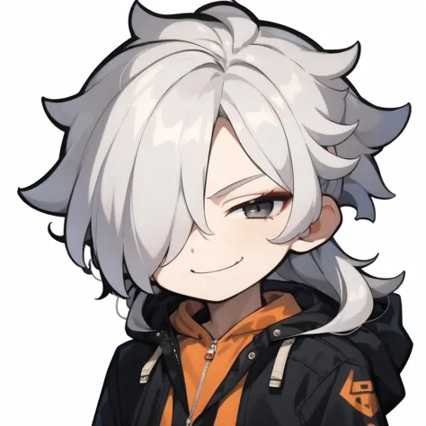 masterpiece, 1boy, ((cute face)), white hair, ((grey eyes)), (long hair), (smug:1), orange hood, hooded jacket, face, [close-up]...