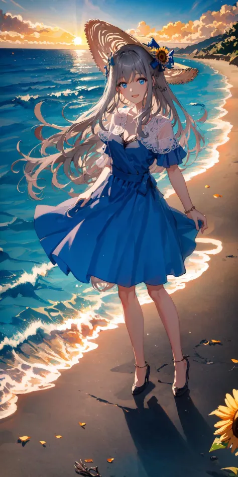 (masterpiece),((best quality)),(ultra-detailed),((an extremely delicate and beautiful)), (((incredibly absurdres))), (((prefect body))), 1girl, solo, gray hair, blue eyes,{{{motherly}}}, medium breasts, very long hair, smile, blue dress, ocean+background, sunflower, straw hat, dynamic angle,female focus,{light particles},detailed background, (((by  Paul Hedley))),Soft Lighting, sunset, <lora:lexington3:1>,full body,