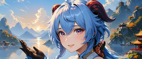 a close up of a person with blue hair and a goat's head