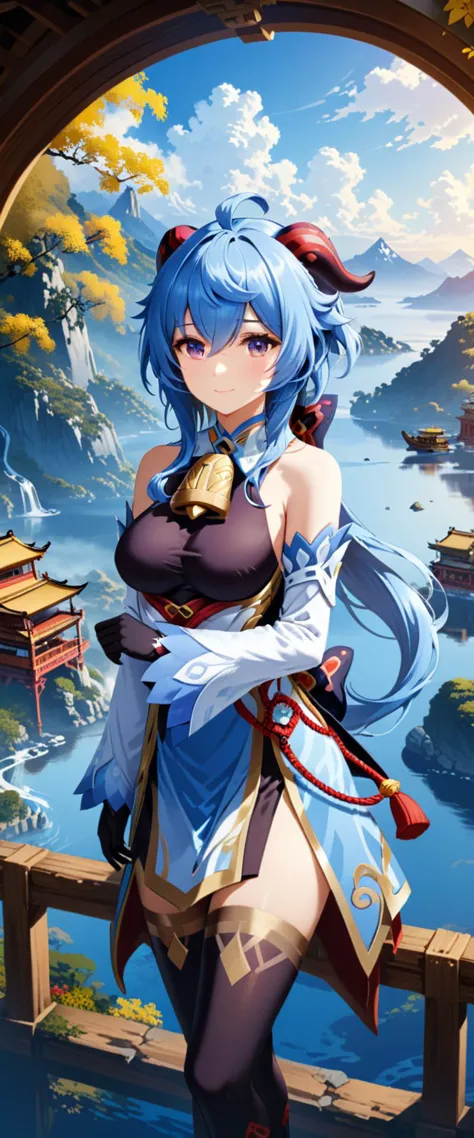 best quality, high quality, masterpiece, absurdres, incredibly detailed, UHD,
BREAK
1girl, ganyu_\(genshin_impact\), smile, blue_hair, breasts, long_hair, detached_sleeves, bell, horns, gloves, bare_shoulders, bangs, gold_trim, looking_at_viewer, purple_eyes, white_sleeves, sidelocks, ahoge, thighlet, black_gloves, white_flower, neck_bell, medium_breasts, beautiful, mystical, introverted, thoughtful, knowledge, wisdom, Liyue Harbor, serene nature, traditional attire, <lora:ganyu2:0.8>,
BREAK
Ganyu from Genshin Impact is depicted with her characteristic blue hair and horns, embodying a beautiful and mystical appearance. Her calm expression reflects her introverted and thoughtful nature, while her eyes reveal a depth of knowledge and wisdom. The background showcases the landscape of her hometown, Liyue Harbor, along with the serene beauty of nature. Her attire reflects the traditional style of Liyue, with shades of blue and white, emphasizing her gentle personality. Ganyu is holding her unique bow, and her composed stance suggests an underlying strength,
BREAK
rich color palette, vivid colors, natural color grading, Sophisticated Color Scheme, Saturated Colors, Complex Color Layering, Evocative Color Schemes, Luxurious Color Palette, sharp contrast, digital painting quality, Advanced Digital Techniques, cinematic quality, Dynamic Lighting, Enhanced Lighting Effects, subtle shadows, Complex Shading, Immersive Depth, Advanced Rendering, High-End Artistic Rendering, Elegant Composition, Cinematic Composition and Framing, Dynamic Lighting, Depth of Field, Depth and Perspective, dynamic angle, Gallery-Worthy Visuals, Artistic Depth and Dimension, film grain, FujiFilm XT4, taken by Walker Evans,  <lora:xl_more_art-full_v1:1.0>,