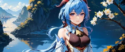 best quality, high quality, masterpiece, absurdres, incredibly detailed, UHD, cel shading,
BREAK
1girl, ganyu_\(genshin_impact\), smile, open mouth, blue_hair, breasts, long_hair, detached_sleeves, bell, horns, gloves, bare_shoulders, bangs, gold_trim, looking_at_viewer, purple_eyes, white_sleeves, sidelocks, ahoge, thighlet, black_gloves, white_flower, neck_bell, medium_breasts, beautiful, mystical, introverted, thoughtful, knowledge, wisdom, Liyue Harbor, serene nature, traditional attire, <lora:ganyu2:0.8>,
BREAK
Ganyu from Genshin Impact is depicted with her characteristic blue hair and horns, embodying a beautiful and mystical appearance. Her calm expression reflects her introverted and thoughtful nature, while her eyes reveal a depth of knowledge and wisdom. The background showcases the landscape of her hometown, Liyue Harbor, along with the serene beauty of nature. Her attire reflects the traditional style of Liyue, with shades of blue and white, emphasizing her gentle personality. Ganyu is holding her unique bow, and her composed stance suggests an underlying strength,
BREAK
rich color palette, vivid colors, natural color grading, Sophisticated Color Scheme, Saturated Colors, Complex Color Layering, Evocative Color Schemes, Luxurious Color Palette, sharp contrast, digital painting quality, Advanced Digital Techniques, cinematic quality, Dynamic Lighting, Enhanced Lighting Effects, subtle shadows, Complex Shading, Immersive Depth, Advanced Rendering, High-End Artistic Rendering, Elegant Composition, Cinematic Composition and Framing, Dynamic Lighting, Depth of Field, Depth and Perspective, dynamic angle, Gallery-Worthy Visuals, Artistic Depth and Dimension, film grain, FujiFilm XT4, taken by Helmut Newton,  <lora:xl_more_art-full_v1:1.0>,