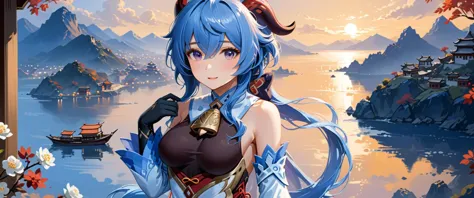 best quality, high quality, masterpiece, absurdres, incredibly detailed, UHD, impasto,
BREAK
1girl, ganyu_\(genshin_impact\), smile, open mouth, blue_hair, breasts, long_hair, detached_sleeves, bell, horns, gloves, bare_shoulders, bangs, gold_trim, looking_at_viewer, purple_eyes, white_sleeves, sidelocks, ahoge, thighlet, black_gloves, white_flower, neck_bell, medium_breasts, beautiful, mystical, introverted, thoughtful, knowledge, wisdom, Liyue Harbor, serene nature, traditional attire, <lora:ganyu2:0.8>,
BREAK
Ganyu from Genshin Impact is depicted with her characteristic blue hair and horns, embodying a beautiful and mystical appearance. Her calm expression reflects her introverted and thoughtful nature, while her eyes reveal a depth of knowledge and wisdom. The background showcases the landscape of her hometown, Liyue Harbor, along with the serene beauty of nature. Her attire reflects the traditional style of Liyue, with shades of blue and white, emphasizing her gentle personality. Ganyu is holding her unique bow, and her composed stance suggests an underlying strength,
BREAK
rich color palette, vivid colors, natural color grading, Sophisticated Color Scheme, Saturated Colors, Complex Color Layering, Evocative Color Schemes, Luxurious Color Palette, sharp contrast, digital painting quality, Advanced Digital Techniques, cinematic quality, Dynamic Lighting, Enhanced Lighting Effects, subtle shadows, Complex Shading, Immersive Depth, Advanced Rendering, High-End Artistic Rendering, Elegant Composition, Cinematic Composition and Framing, Dynamic Lighting, Depth of Field, Depth and Perspective, dynamic angle, Gallery-Worthy Visuals, Artistic Depth and Dimension, film grain, FujiFilm XT4, taken by Yousuf Karsh,  <lora:xl_more_art-full_v1:1.0>,