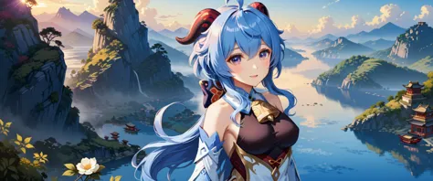 a woman with blue hair and a blue dress stands in front of a mountain