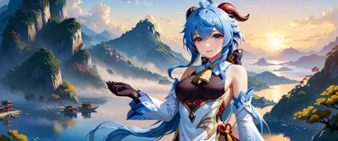 best quality, high quality, masterpiece, absurdres, incredibly detailed, UHD, realistic,
BREAK
1girl, ganyu_\(genshin_impact\), smile, open mouth, blue_hair, breasts, long_hair, detached_sleeves, bell, horns, gloves, bare_shoulders, bangs, gold_trim, looking_at_viewer, purple_eyes, white_sleeves, sidelocks, ahoge, thighlet, black_gloves, white_flower, neck_bell, medium_breasts, beautiful, mystical, introverted, thoughtful, knowledge, wisdom, Liyue Harbor, serene nature, traditional attire, <lora:ganyu2:0.8>,
BREAK
Ganyu from Genshin Impact is depicted with her characteristic blue hair and horns, embodying a beautiful and mystical appearance. Her calm expression reflects her introverted and thoughtful nature, while her eyes reveal a depth of knowledge and wisdom. The background showcases the landscape of her hometown, Liyue Harbor, along with the serene beauty of nature. Her attire reflects the traditional style of Liyue, with shades of blue and white, emphasizing her gentle personality. Ganyu is holding her unique bow, and her composed stance suggests an underlying strength,
BREAK
rich color palette, vivid colors, natural color grading, Sophisticated Color Scheme, Saturated Colors, Complex Color Layering, Evocative Color Schemes, Luxurious Color Palette, sharp contrast, digital painting quality, Advanced Digital Techniques, cinematic quality, Dynamic Lighting, Enhanced Lighting Effects, subtle shadows, Complex Shading, Immersive Depth, Advanced Rendering, High-End Artistic Rendering, Elegant Composition, Cinematic Composition and Framing, Dynamic Lighting, Depth of Field, Depth and Perspective, dynamic angle, Gallery-Worthy Visuals, Artistic Depth and Dimension, film grain, FujiFilm XT4, taken by Irving Penn,  <lora:xl_more_art-full_v1:1.0>,