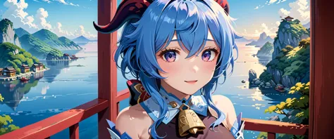 best quality, high quality, masterpiece, absurdres, incredibly detailed, UHD, flat color,
BREAK
1girl, ganyu_\(genshin_impact\), smile, open mouth, blue_hair, breasts, long_hair, detached_sleeves, bell, horns, gloves, bare_shoulders, bangs, gold_trim, looking_at_viewer, purple_eyes, white_sleeves, sidelocks, ahoge, thighlet, black_gloves, white_flower, neck_bell, medium_breasts, beautiful, mystical, introverted, thoughtful, knowledge, wisdom, Liyue Harbor, serene nature, traditional attire, <lora:ganyu2:0.8>,
BREAK
Ganyu from Genshin Impact is depicted with her characteristic blue hair and horns, embodying a beautiful and mystical appearance. Her calm expression reflects her introverted and thoughtful nature, while her eyes reveal a depth of knowledge and wisdom. The background showcases the landscape of her hometown, Liyue Harbor, along with the serene beauty of nature. Her attire reflects the traditional style of Liyue, with shades of blue and white, emphasizing her gentle personality. Ganyu is holding her unique bow, and her composed stance suggests an underlying strength,
BREAK
rich color palette, vivid colors, natural color grading, Sophisticated Color Scheme, Saturated Colors, Complex Color Layering, Evocative Color Schemes, Luxurious Color Palette, sharp contrast, digital painting quality, Advanced Digital Techniques, cinematic quality, Dynamic Lighting, Enhanced Lighting Effects, subtle shadows, Complex Shading, Immersive Depth, Advanced Rendering, High-End Artistic Rendering, Elegant Composition, Cinematic Composition and Framing, Dynamic Lighting, Depth of Field, Depth and Perspective, dynamic angle, Gallery-Worthy Visuals, Artistic Depth and Dimension, film grain, FujiFilm XT4, taken by Tim Walker,  <lora:xl_more_art-full_v1:1.0>,