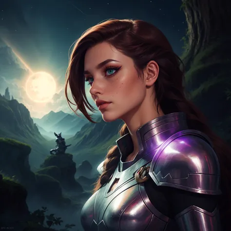 a woman in armor standing in front of a mountain with a full moon