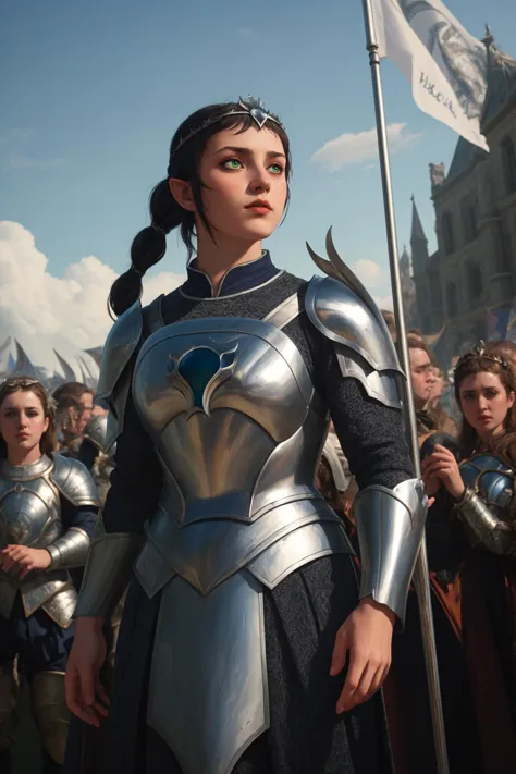 a close up of a woman in armor standing in front of a crowd