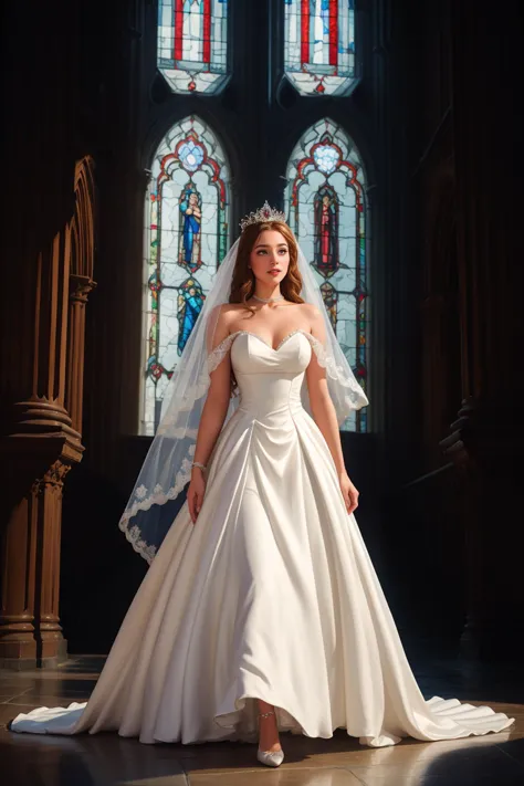 a woman in a wedding dress standing in front of a stained glass window