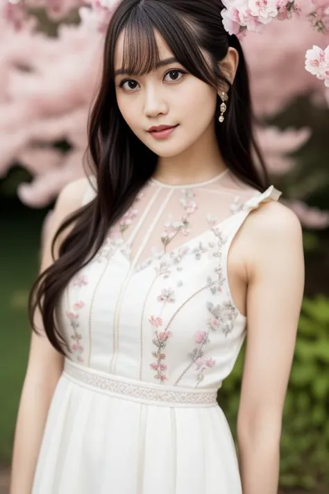 a woman in a white dress standing under a tree with pink flowers