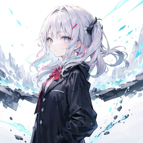 anime girl with long white hair and black jacket standing in front of a blue and white background