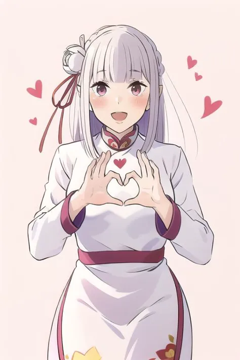 pure white background,<lora:1714503827145887877:1>,Tz7qw6 Artstyle,<lora:EmiliaV2:0.8>,Emilia,print_cheongsam,chinese_style,1girl,solo,heart hands,heart,smile,looking at viewer,:d,standing,blush,