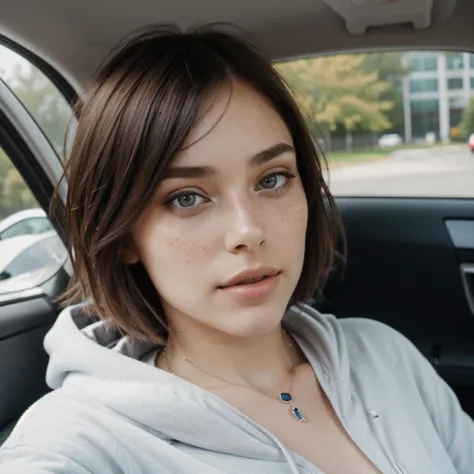 RAW photo, a 22-year-old-girl, upper body, selfie in a car, blue hoodie, (raecmbr-2650:0.9), (r4ec4mbr4:0.95), (1girl), (realist...