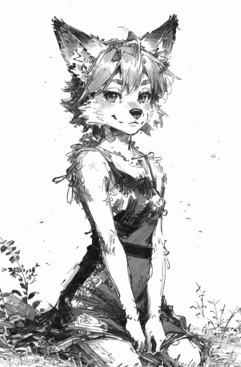 black background,ultra detailed(sketch:1.2),graphite,(monocolour:1.3), solo,on grass, 
furry fox girl,animal ear,dress,park, loo...