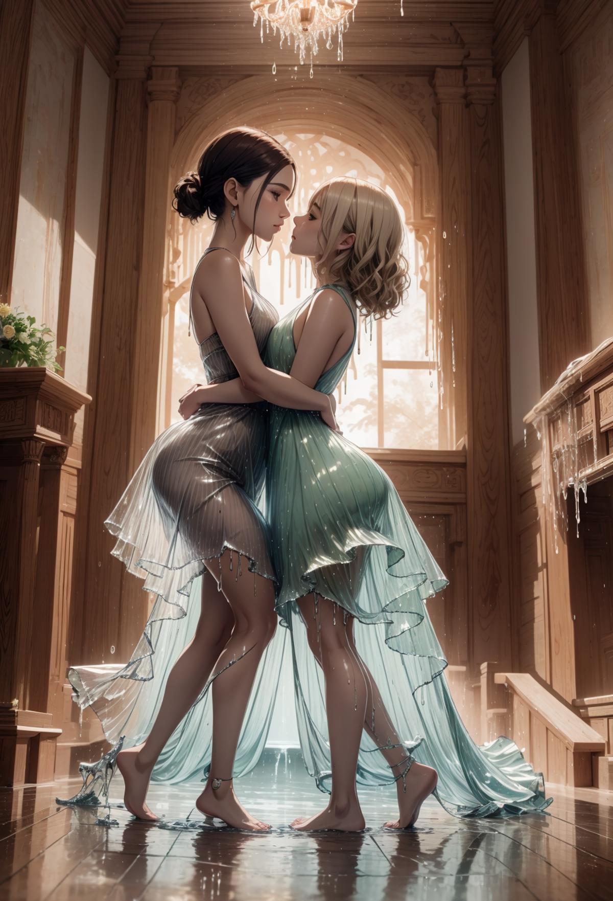 Two women in dresses are hugging in a hallway - SeaArt AI