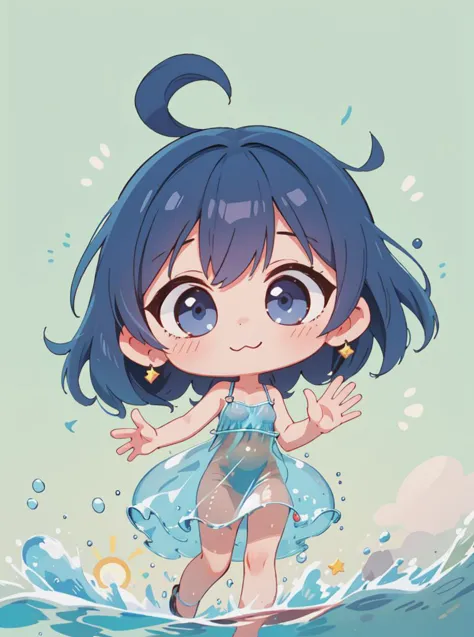 8k, masterpiece, highly detailed, high quality,
woman wearing a water dress, <lora:water_dress-SD-2.0:1>
blue hair Half-Up Half-Down, 
waving hello, chibi, cute